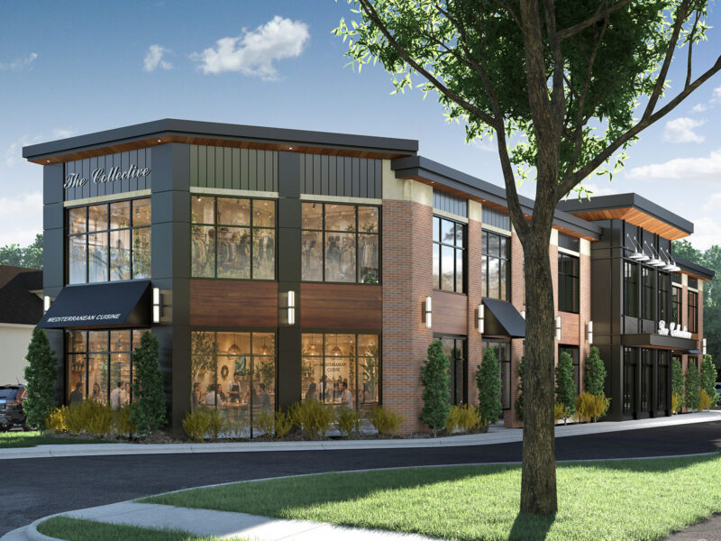 Architectural rendering of The Collective mixed-use development in Grand Blanc | FUNArchitecture Architectural rendering of The Collective mixed-use development in Grand Blanc