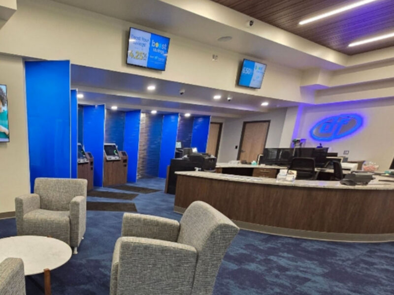 Dort Financial Credit Union Clarkston Member Center lobby and service counter | FUNArchitecture Dort Financial Credit Union Clarkston Member Center lobby and service counter