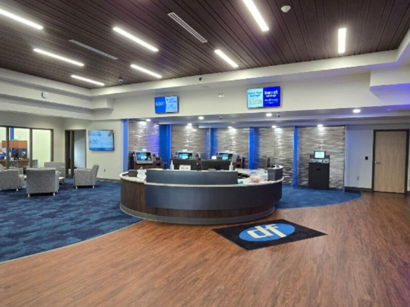 Dort Financial Credit Union Clarkston Member Center lobby and service counter | FUNArchitecture Dort Financial Credit Union Clarkston Member Center lobby and service counter
