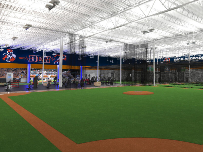 Indoor baseball field and training nets at Inge Performance Lab in Brighton