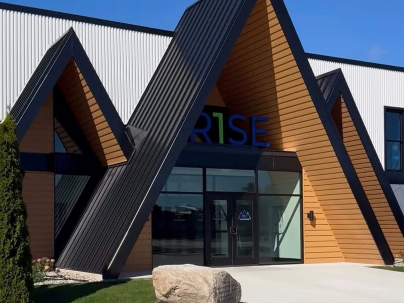 Angular entrance canopy and wood facade at R1SE in Frankenmuth