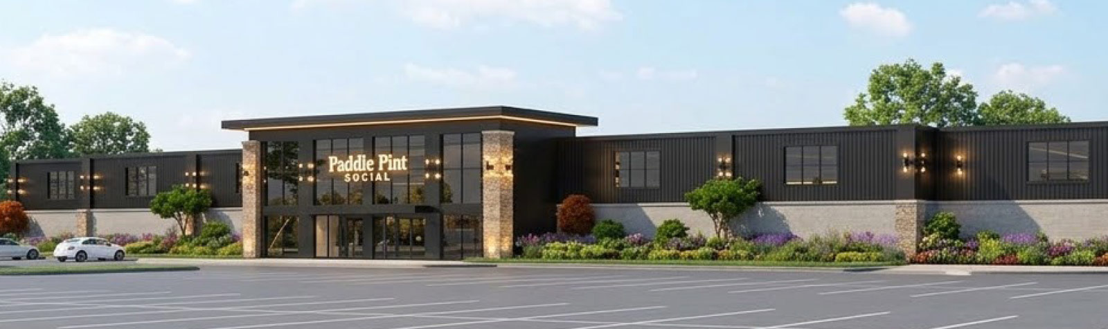 Architectural rendering of Paddle Pint pickleball and social club exterior